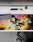 36x16 inches anime desk pad in peach, violet, and gold sunset tones with sparkly light flecks.