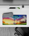 28x12 inches anime mouse pad in gold, coral, and teal with calm dreamy gradients and sparkly magic rings.