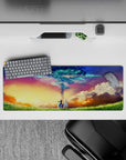 32x12 inches anime mouse pad in gold, coral, and teal starlight for a calm, dreamy desk vibe.