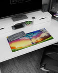 28x12 inches anime mouse pad showing blue-armored swordsman beside robed mage in tall grass at sunset.