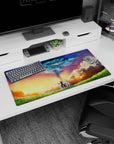 32x16 inches anime mouse pad showing blue-armored swordsman beside robed mage in tall grass at dusk.