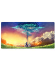 32x16 inches anime mouse pad with heroes at sunset under a glowing sky-tree and teal magic rings.