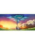 Anime desk pad 36x16 inches with two heroes at sunset, tall grass, and a teal starlit sky-tree above.