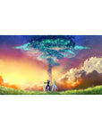 Anime desk pad 40x20 inches with heroes at sunset horizon and a swirling sky-tree with starlight rings.
