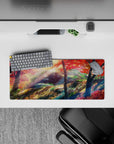 28x12 inches anime mouse pad in warm fall tones—crimson reds, golden light, deep greens, calm mountain vibe.