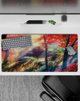 32x16 inches anime mouse pad in warm fall tones—reds, golds, deep greens—with soft cinematic sunbeams.