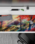 Calm fall vibe anime desk pad 36x16 inches in crimson, gold, and deep green with soft brushy light.
