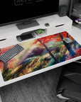 40x20 inches anime desk pad showing a quiet mountain path after school, sun rays through red maples.