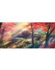 Anime desk pad 36x16 inches with a cinematic autumn forest path, sunbeams, mossy rocks, maple leaves.
