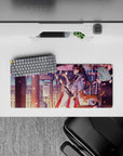 28x12 inches anime desk mat in pink, plum, and warm gold tones with soft lantern light and calm vibe.