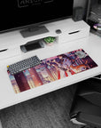 32x12 inches anime mouse pad featuring kimono girl in side profile, floating paper charms, and ginger cat.