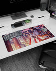 32x16 inches anime mouse pad featuring side-profile shrine maiden in white kimono, floating charms, cat.