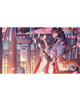 Anime girl desk pad 40x20 inches with shrine walkway, sakura petals, lantern glow, and ginger cat.