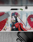 40x20 inches anime desk pad in cozy winter hues: black kimono, gold-crimson flowers, bold red accents.