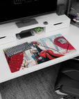 32x16 inches anime girl mouse pad featuring a shy back-glance girl in snowy street, red parasols framing her.