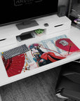 36x16 inches anime desk pad showing a shy girl looking back in snowy street, kimono and red parasols.
