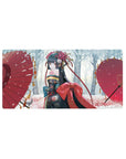 32x16 inches anime girl mouse pad with kimono florals, big red bow, and twin scarlet parasols in snow.