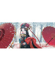 36x16 inches anime girl desk pad with kimono florals, big red bow, and twin red parasols in snow.