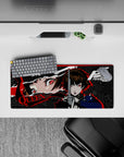 Makoto Niijima from Persona 5 on a 28x12 inch mouse pad, showcasing her fierce glare and gun in a dynamic red, black, and grey design.