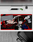 Makoto Niijima from Persona 5 on a 32x16 inch anime mouse pad, featuring her intense glare and dynamic red and black design.