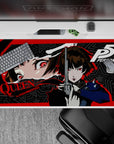 Anime desk pad 40x20 inches featuring Makoto Niijima, aka Queen, from Persona 5. Red, black, grey storm design.
