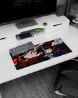 Makoto Niijima from Persona 5 on a 28x12 inches anime mouse pad, featuring bold red, black, and grey star design.