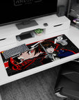 Persona 5 desk mat featuring Makoto Niijima aka Queen, 36x16 inches, with red, black, and grey star patterns and fierce gaze.