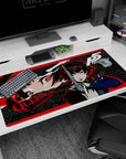 Makoto Niijima from Persona 5 on a 40x20 inch anime desk pad, showcasing a dynamic red, black, and grey design.