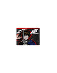 Persona 5 mouse pad featuring Makoto Niijima with gun, 14x10 inches, red-black-grey design, ideal for anime fans.