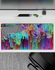 Impactful 32x16 desk mat combines bold hues and dynamic vertical lines for visually striking yet calming aesthetics