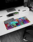 Dynamic Kaleidoscope Chaos artwork on 28x12 desk mat perfect for celebrating bold creativity and artistic depth
