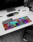 Small but impactful 32x12 desk mat showcases creative energy with striking kaleidoscope-inspired artistry