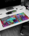 Energetic artwork on 36x16 desk mat captures the essence of creative chaos with vibrant colors and fluid motion