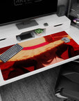 Large 40x20 inches desk pad featuring Luffy from One Piece, with his straw hat shading his face, embodying his focused, determined nature.