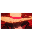 Mouse pad featuring Luffy from One Piece, 32x16 inches, with his straw hat shading his face, capturing his intense resolve and focus.
