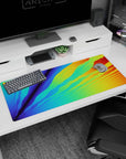Modern 36x16 anime desk mat with energetic blues, greens, oranges, and yellows, adding excitement and color to your workspace