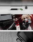 Red and black anime desk pad 36x16 inches with deep crimson backdrop, sharp shadows, sparkles, edgy vibe.