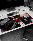 40x20 inches anime desk pad featuring blonde heroine with eyepatch, red cable, metallic buckles, boots.