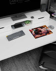 Silver-haired anime girl lounging with goggles and warm amber eyes on mouse pad 14x10 inches.