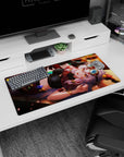 32x16 inches anime girl mouse pad showing a silver-haired cutie lounging, big goggles, amber eyes, sly wink.