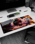 36x16 inches desk pad showing a silver-haired anime girl lounging in goggles, amber eyes, sly wink.