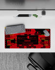 Compact 28x12 mousepad highlights emergency alerts and glitch effects for immersive Evangelion-inspired vibes