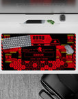 Impactful 32x16 mousepad combines fiery reds, stark contrasts, and digital distortions for visually striking yet functional visuals