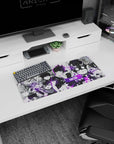 Mob in school uniform on Mob Psycho anime mouse pad 28x12 inches, surrounded by fight frames and aura.