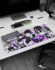36x16 inches anime desk pad featuring Mob in school uniform, crackling purple psychic aura over ink-splatter art.