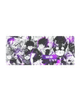 Mob Psycho collage anime mouse pad 28x12 inches with manga panels, faces, and ink-splatter textures.