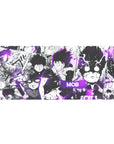 36x16 inches anime desk pad with Mob Psycho manga collage, black-and-white panels and purple aura accents.
