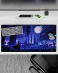 32x16 inches anime mouse pad in deep violet and icy blue, calm intense mood with snowy sparkles.
