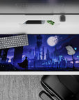 Violet and icy blue moonlit anime desk pad with snowy sparkles, calm intense mood, 36x16 inches.