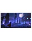32x16 inches anime mouse pad with moonlit gothic city skyline, spires, arches, and cyan street lamps.